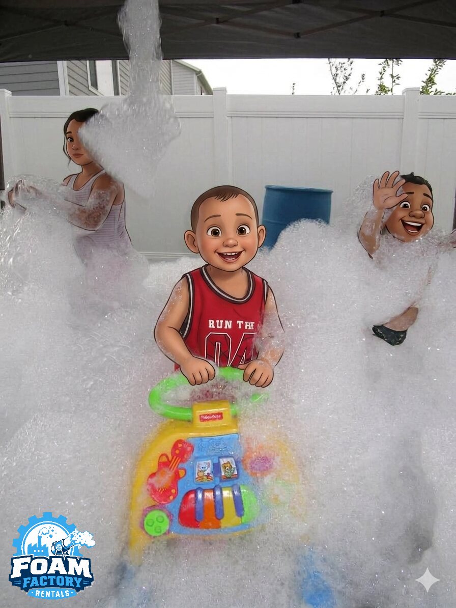 Kids playing with toys in the foam under the canopy