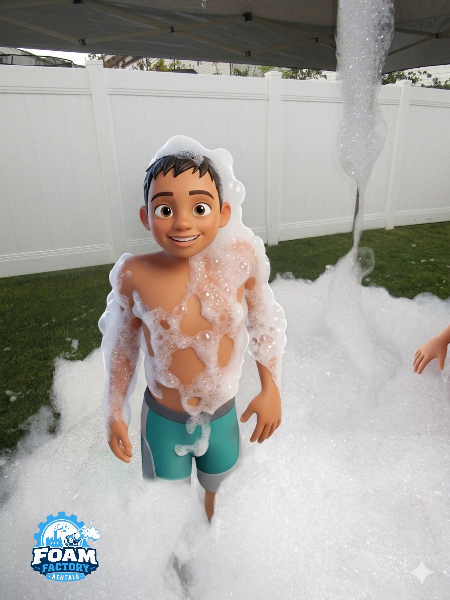 Kid covered in foam smiling