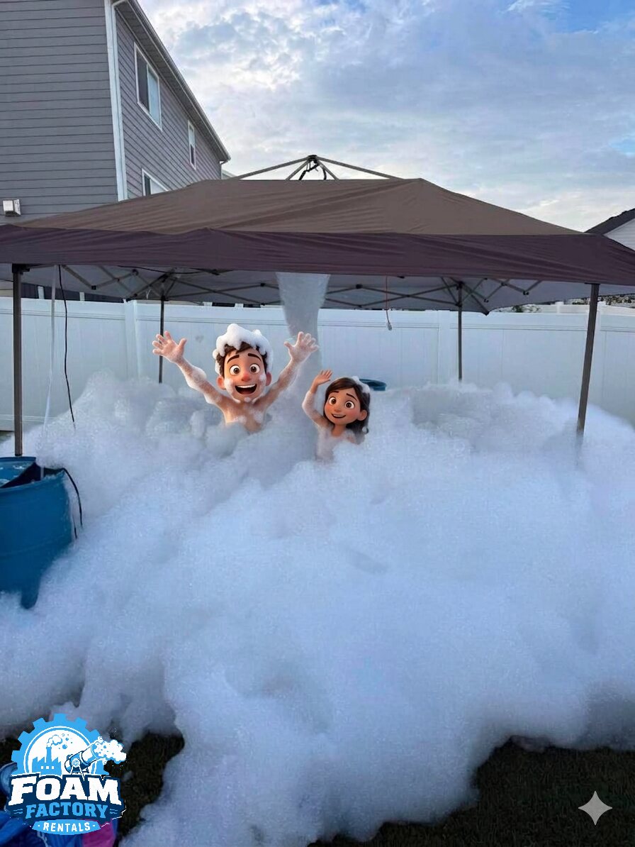 Two kids standing in foam under the canopy