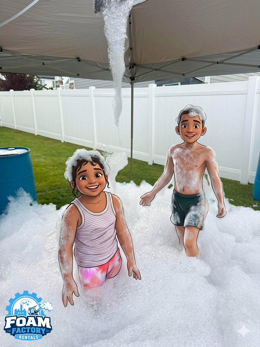 Kid flexing muscles in the foam under the machine