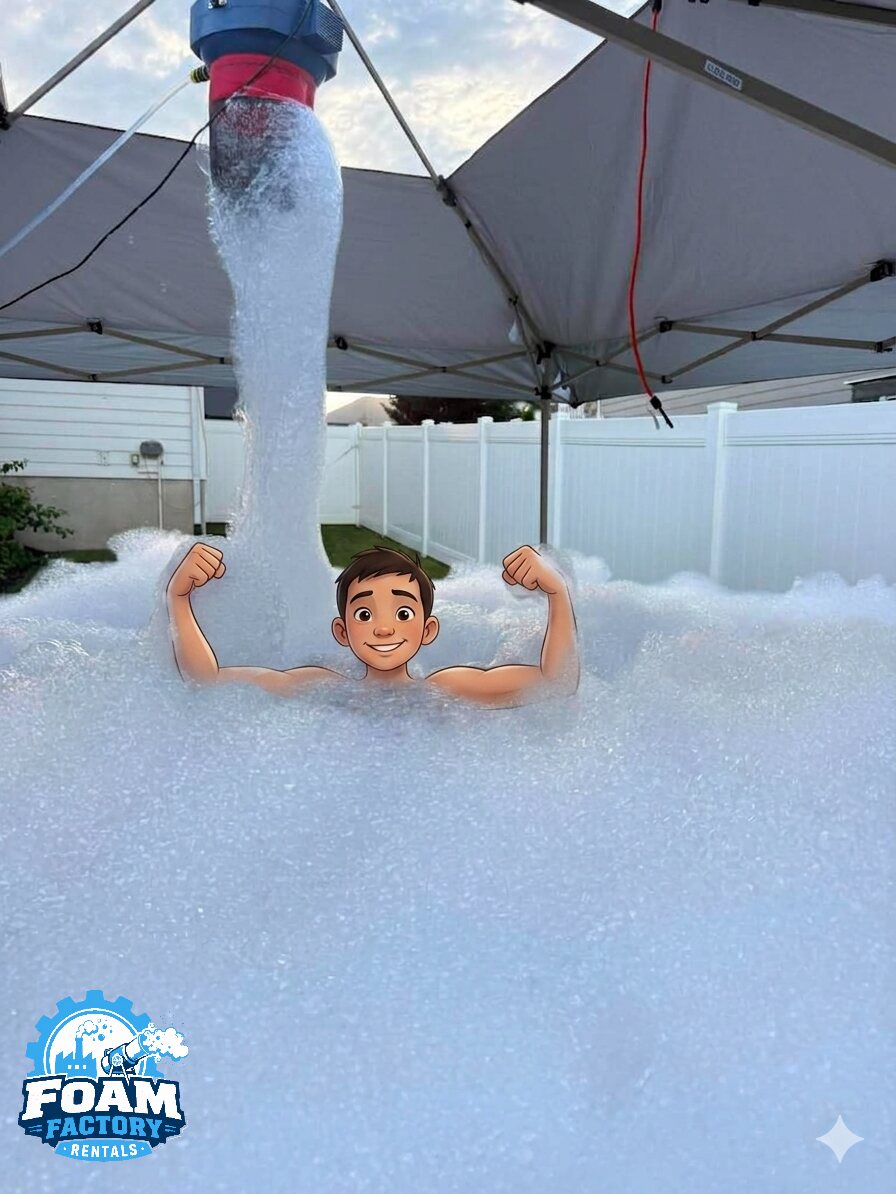 Kid giving a peace sign while standing in foam