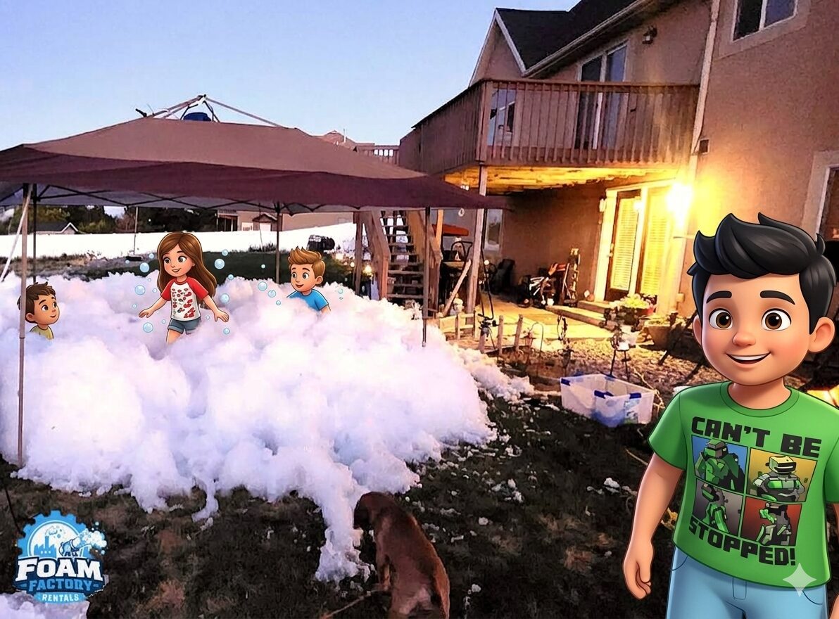Super E foam machine backyard party at dusk with canopy