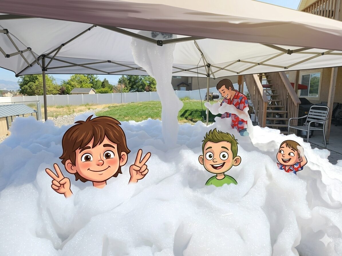 Kids playing in foam under the pop-up canopy at a real Super E rental